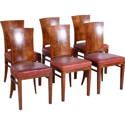 Ensemble de 6 chaises vintage Art Déco en noyer et cuir rouge, France 1920