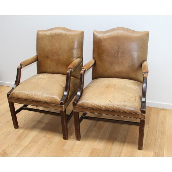 Image 1 of Fauteuils vintage en bois foncé et cuir marron