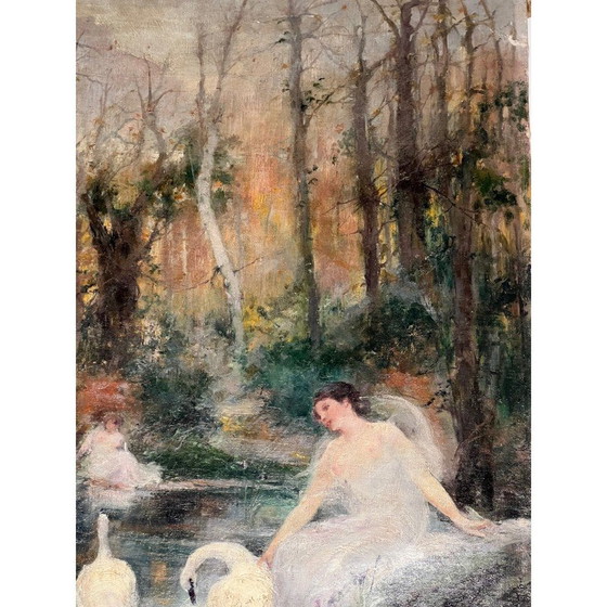 Image 1 of Peinture vintage "La femme au cygne" par Luis Sánchez de La Peña, Espagne 1914