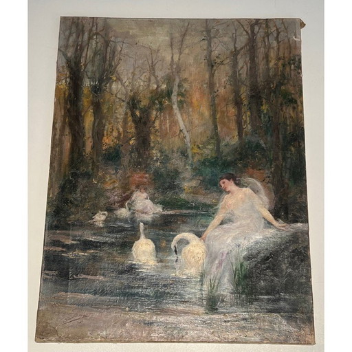 Peinture vintage "La femme au cygne" par Luis Sánchez de La Peña, Espagne 1914