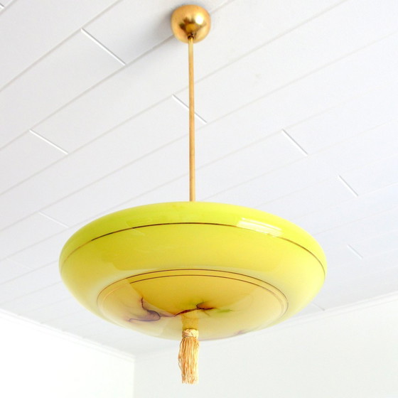 Image 1 of Suspension Vasque Opaline Jaune Art Déco Vintage