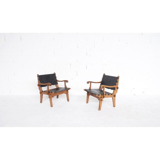Paire de fauteuils vintage en teck et cuir par Angel Pazmino, USA 1960