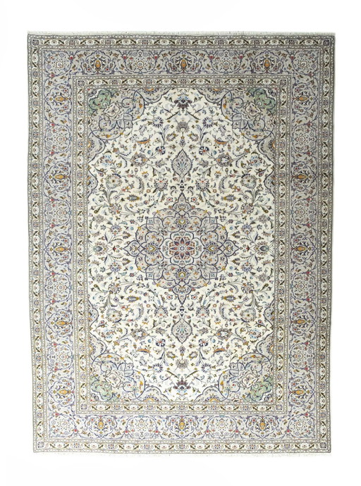 Tapis d'Orient Keshan liège noué à la main - 360 X 261 cm - Motif floral classique en bleu et crème