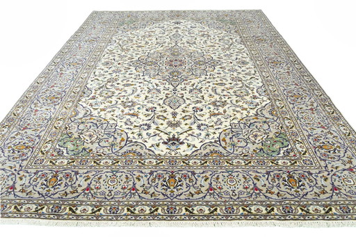 Tapis d'Orient Keshan liège noué à la main - 360 X 261 cm - Motif floral classique en bleu et crème