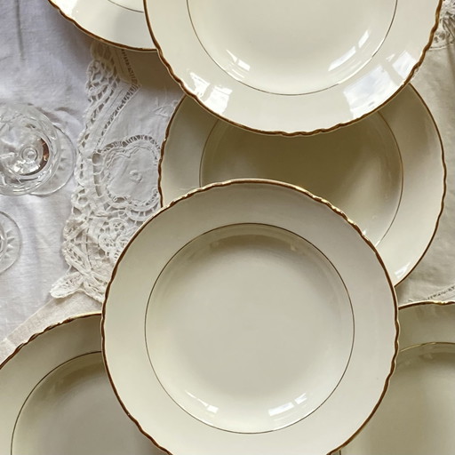 Lot De 6 Assiettes Creuses Faïence Ancienne Blanche Et Or Moulin Des Loups Orchies Sans Estampille