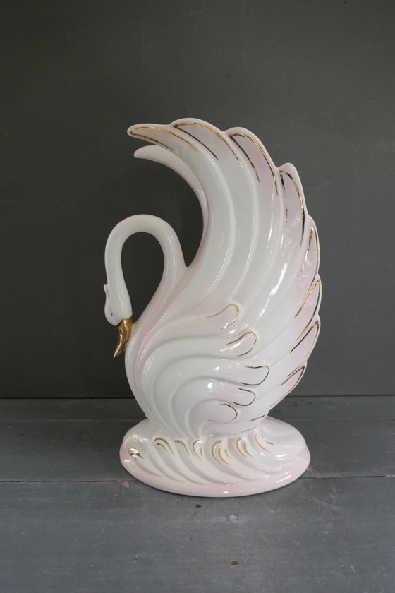 Image 1 of Vintage Large Bassano Italy Swan Vase White Gold Pink