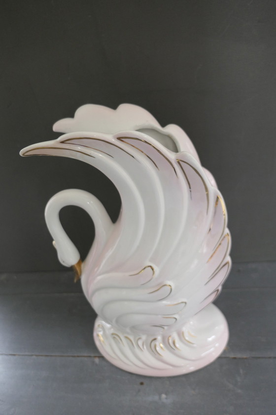 Image 1 of Vintage Large Bassano Italy Swan Vase White Gold Pink