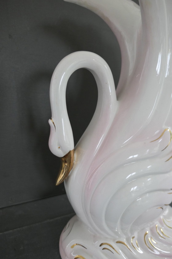 Image 1 of Vintage Large Bassano Italy Swan Vase White Gold Pink