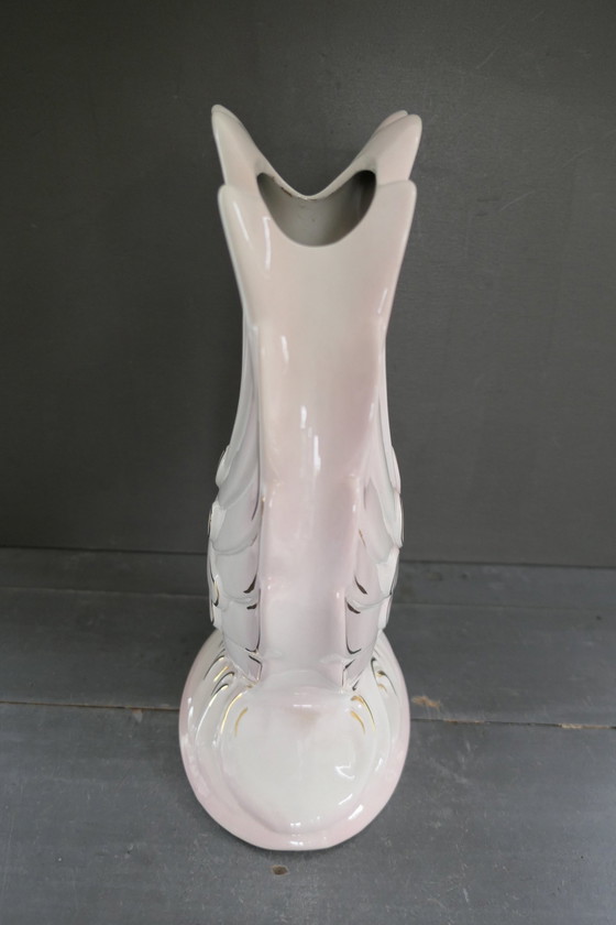 Image 1 of Vintage Large Bassano Italy Swan Vase White Gold Pink