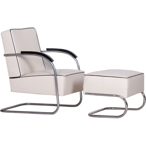 Image 1 of Fauteuil vintage en cuir blanc avec ottoman par Mucke Melder, Tchécoslovaquie années 1930