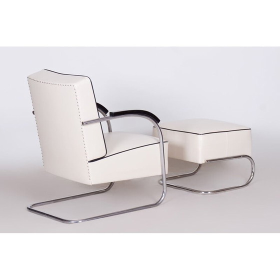 Image 1 of Fauteuil vintage en cuir blanc avec ottoman par Mucke Melder, Tchécoslovaquie années 1930