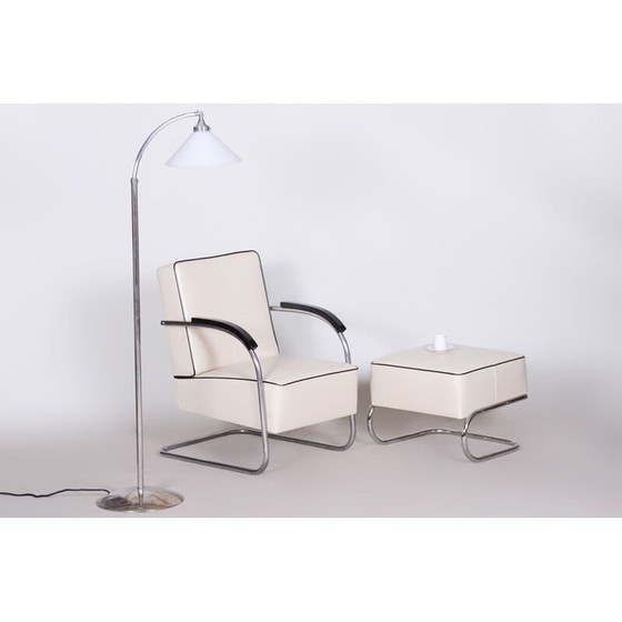Image 1 of Fauteuil vintage en cuir blanc avec ottoman par Mucke Melder, Tchécoslovaquie années 1930
