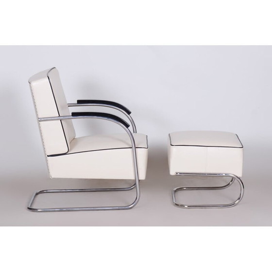 Image 1 of Fauteuil vintage en cuir blanc avec ottoman par Mucke Melder, Tchécoslovaquie années 1930
