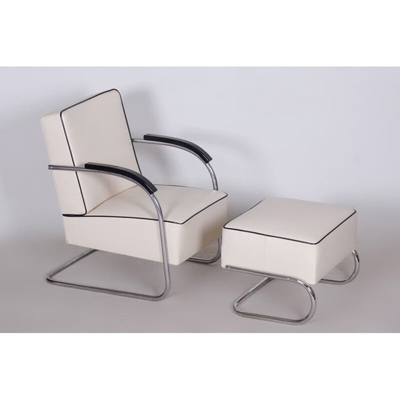 Image 1 of Fauteuil vintage en cuir blanc avec ottoman par Mucke Melder, Tchécoslovaquie années 1930