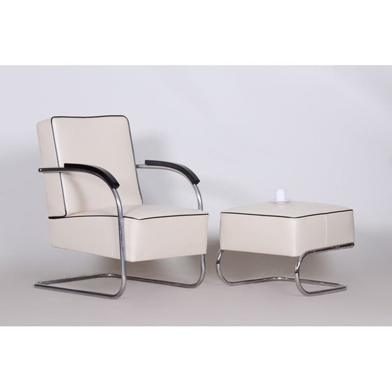 Image 1 of Fauteuil vintage en cuir blanc avec ottoman par Mucke Melder, Tchécoslovaquie années 1930