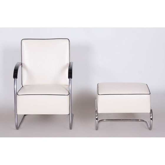Image 1 of Fauteuil vintage en cuir blanc avec ottoman par Mucke Melder, Tchécoslovaquie années 1930