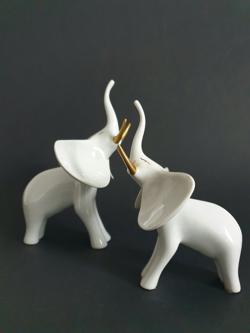 Duo d'éléphants en porcelaine, Holloza, 1980