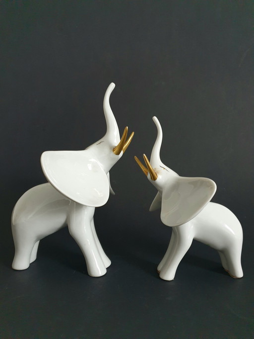 Duo d'éléphants en porcelaine, Holloza, 1980