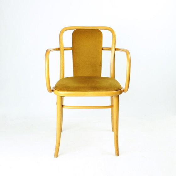 Image 1 of Fauteuil vintage en bois courbé et tissu velours doré pour Ton, Tchécoslovaquie 1930