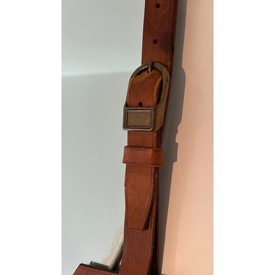 Image 1 of Miroir vintage en cuir et laiton, France 1950