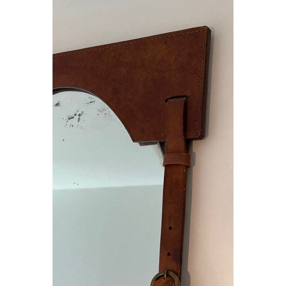 Image 1 of Miroir vintage en cuir et laiton, France 1950