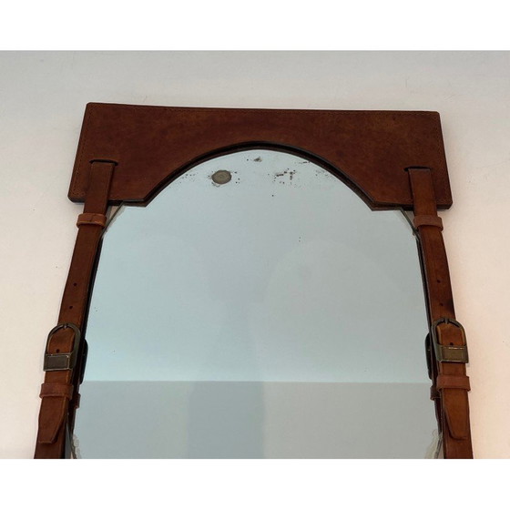 Image 1 of Miroir vintage en cuir et laiton, France 1950