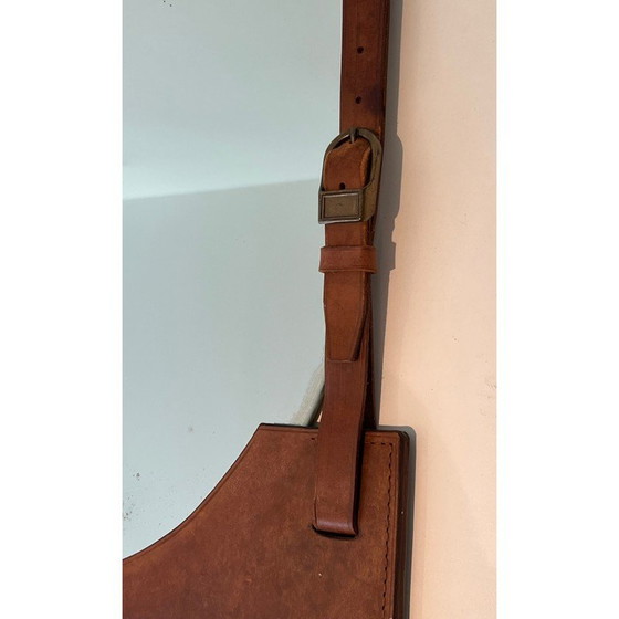 Image 1 of Miroir vintage en cuir et laiton, France 1950