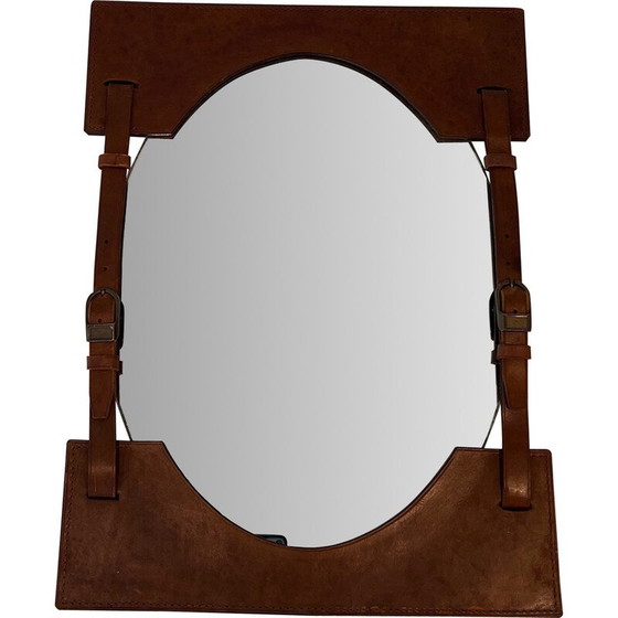 Image 1 of Miroir vintage en cuir et laiton, France 1950