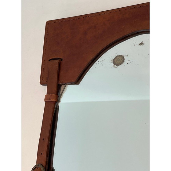 Image 1 of Miroir vintage en cuir et laiton, France 1950