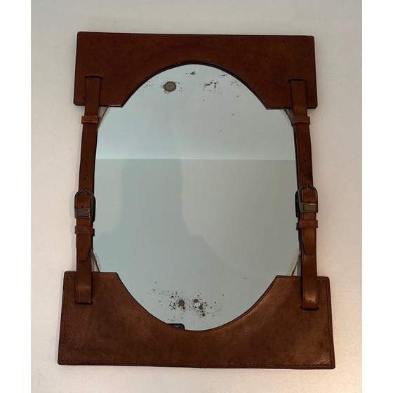 Image 1 of Miroir vintage en cuir et laiton, France 1950