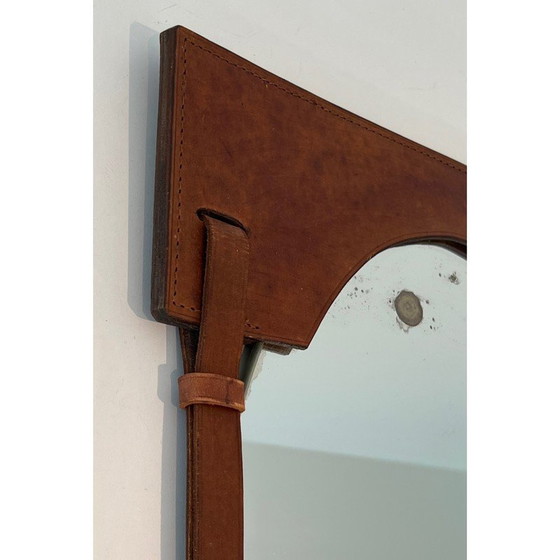Image 1 of Miroir vintage en cuir et laiton, France 1950