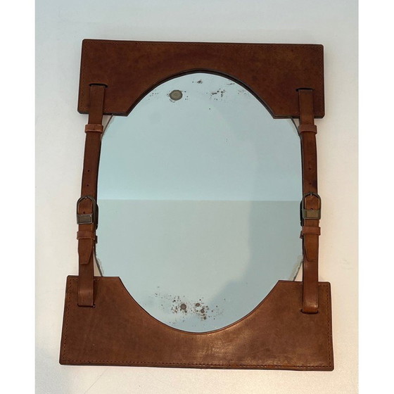 Image 1 of Miroir vintage en cuir et laiton, France 1950