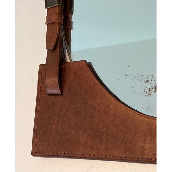 Image 1 of Miroir vintage en cuir et laiton, France 1950