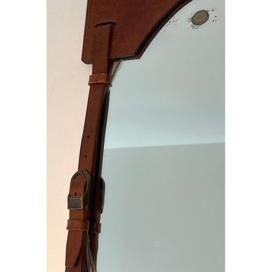 Image 1 of Miroir vintage en cuir et laiton, France 1950