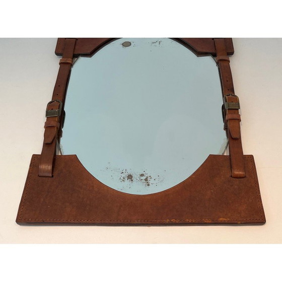 Image 1 of Miroir vintage en cuir et laiton, France 1950