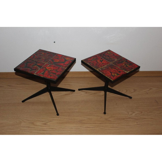 Image 1 of Paire de tables vintage en céramique et métal de la roue de Vallauris, 1960