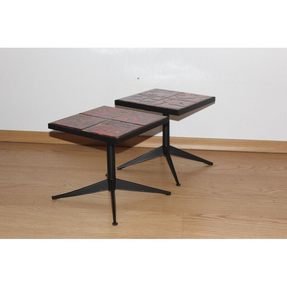Image 1 of Paire de tables vintage en céramique et métal de la roue de Vallauris, 1960