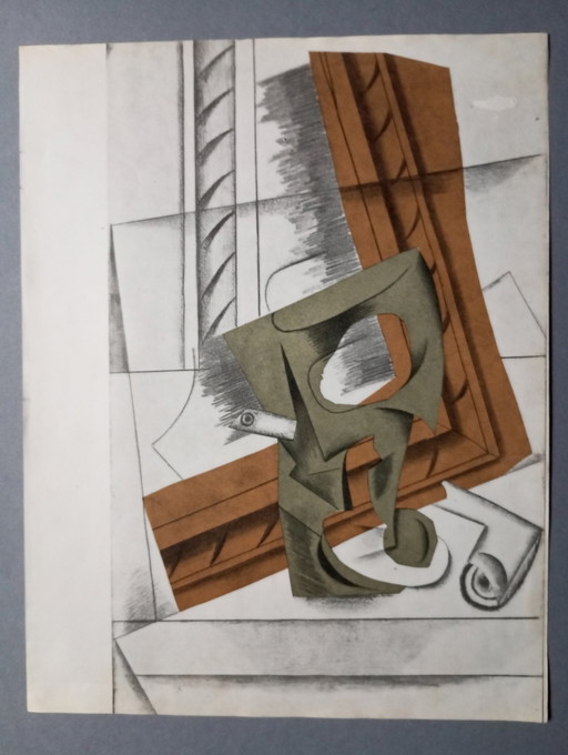 Pablo Picasso 'Pipe Et Verre Sur Une Table' Collage cubiste, Lithographie originale 1914