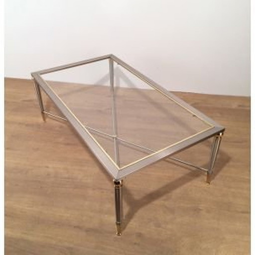 Table basse vintage en acier brossé et verre, 1970