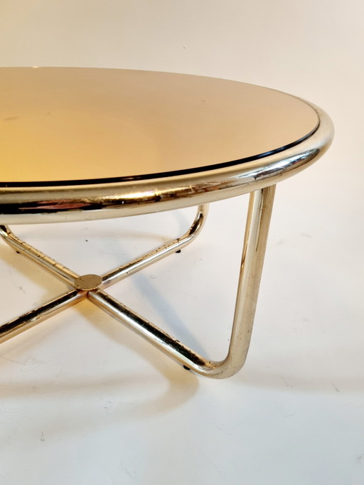 Table basse espagnole avec 4 chaises gigognes, or avec plateau en miroir or rose