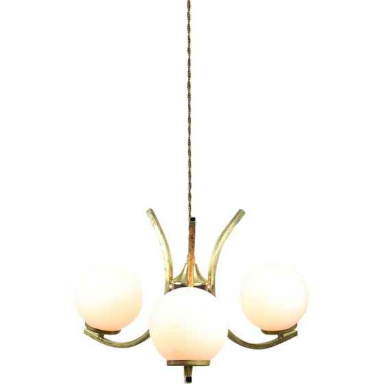 Image 1 of Lustre vintage en laiton et verre opalin, Italie