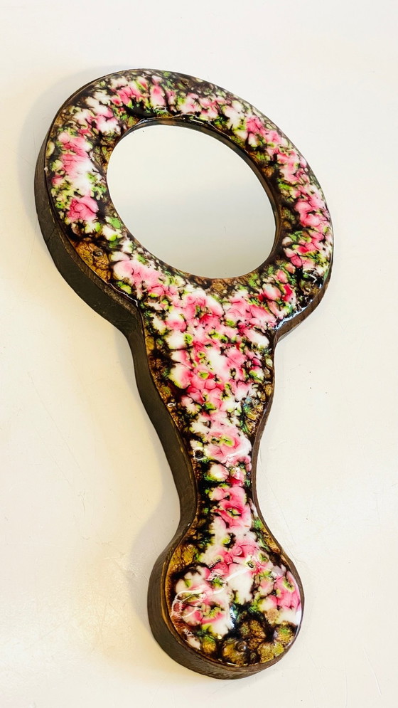 Image 1 of Miroir À Main Métal Émaillé Sur Bois Vintage France