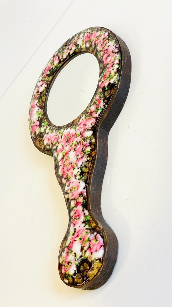 Image 1 of Miroir À Main Métal Émaillé Sur Bois Vintage France