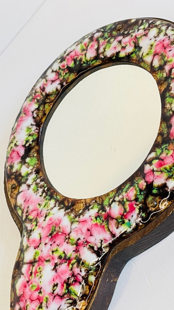 Image 1 of Miroir À Main Métal Émaillé Sur Bois Vintage France