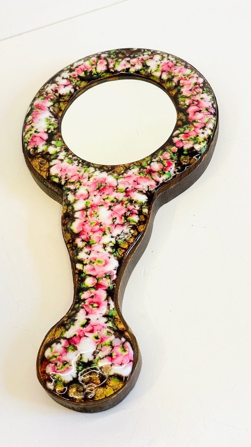 Miroir À Main Métal Émaillé Sur Bois Vintage France