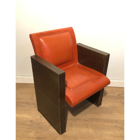 Image 1 of Ensemble de 3 fauteuils vintage en cuir marron et orange, France 1970