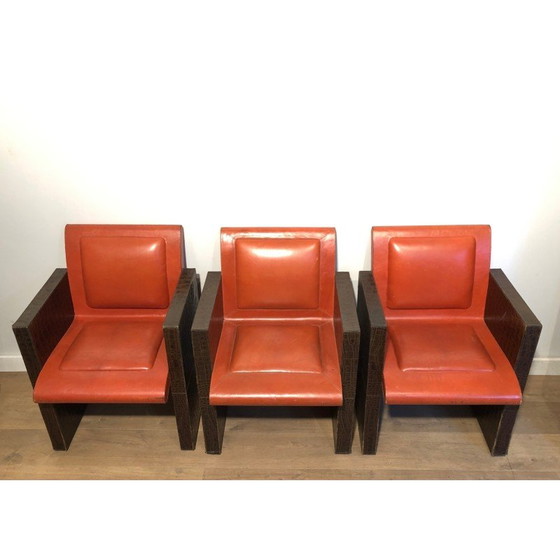Image 1 of Ensemble de 3 fauteuils vintage en cuir marron et orange, France 1970