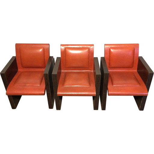 Ensemble de 3 fauteuils vintage en cuir marron et orange, France 1970