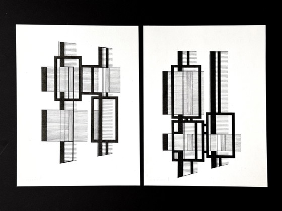 Image 1 of 2 Oeuvres d'art, Composition géométrique à l'encre - Eugene Eechaut (1928-2019)