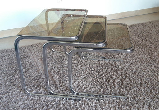 Tables Gigognes En Chrome Et Verre Fumé De Style Milo Baughman, 1970